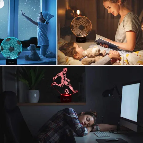 Vista 5 de Luz nocturna de ilusión 3D de fútbol, 16 colores regulables, lámpara de noche LED con control táctil y remoto, USB y alimentada por batería