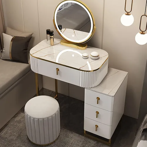 Vista 8 de Juego de mesa de tocador de maquillaje con 3 modos, espejo iluminado ajustable, 5 cajones, mesa de maquillaje con taburete acolchado suave, tocador