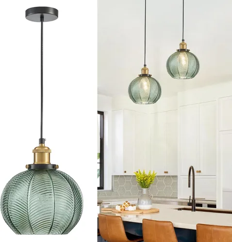 Vista 13 de Lámpara colgante vintage de 7.8 pulgadas, 2 luces, para fregadero de cocina, con vidrio soplado a mano verde, pequeña lámpara colgante para cocina