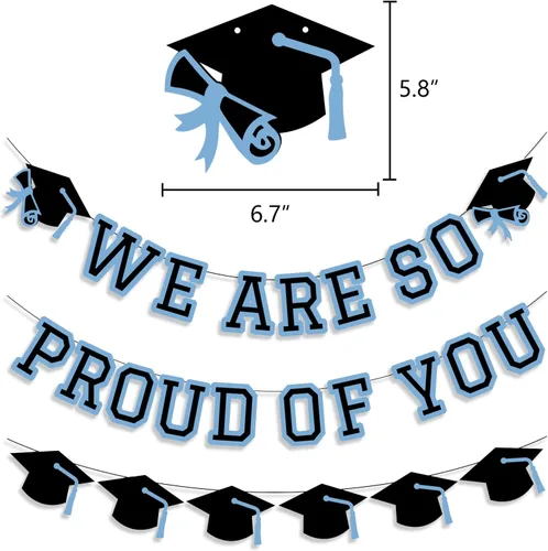 Vista 2 de Letrero con texto en inglés «We Are So Proud Of You», decoración de fiesta de graduación, guirnalda de tapa de felicitaciones, letrero de pared, Azul