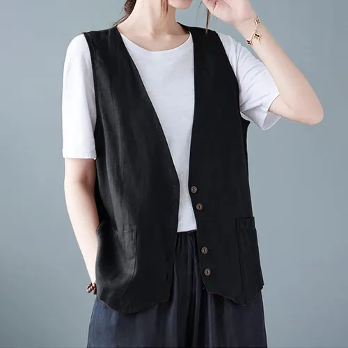 Vista 64 de COTECRAM Chaleco de lino de algodón para mujer, casual, sin mangas, con botones, ligero, para verano, holgado, ropa de abrigo