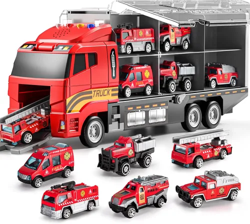 Vista 7 de TEMI Juguetes para Niños Pequeños de 3 4 5 6 Años Niños, Set de Juguetes de Construcción de Vehículos Fundidos a Presión con Transportador de Autos