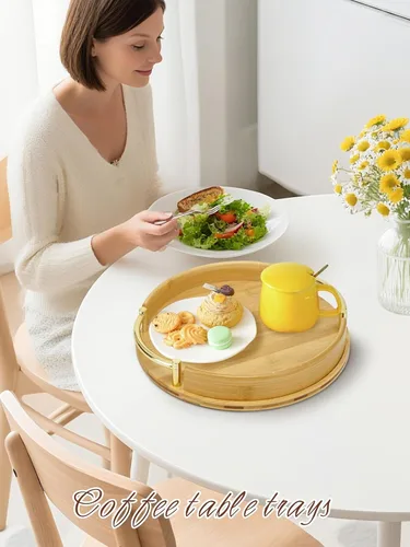 Vista 8 de JUPELI Bandeja redonda de bambú de 11.8 pulgadas con asas – Bandeja decorativa, bandeja de desayuno, bandeja de mesa de café, bandeja otomana, plato