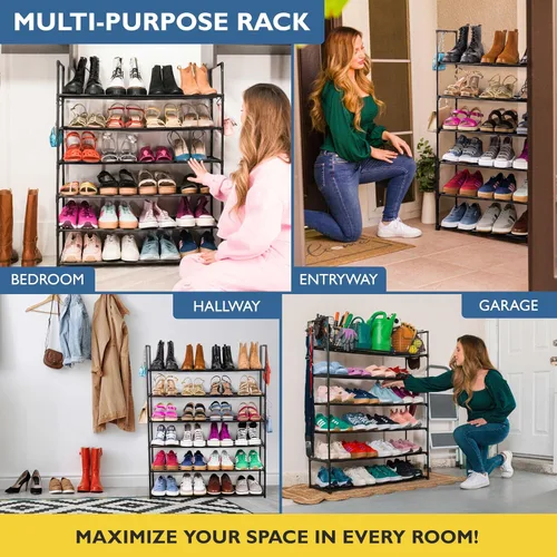 Vista 7 de Sundaze - Zapatero metálico de 6 niveles para entrada de puerta delantera Sturdy Tall Shoe Organizer for Closet, Bedroom, Entryway, Garage, Black