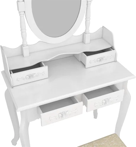 Vista 3 de Juego de tocador con 4 cajones de rotación de 360 grados extraíble, mesa de maquillaje con taburete, escritorio de tocador para dormitorio