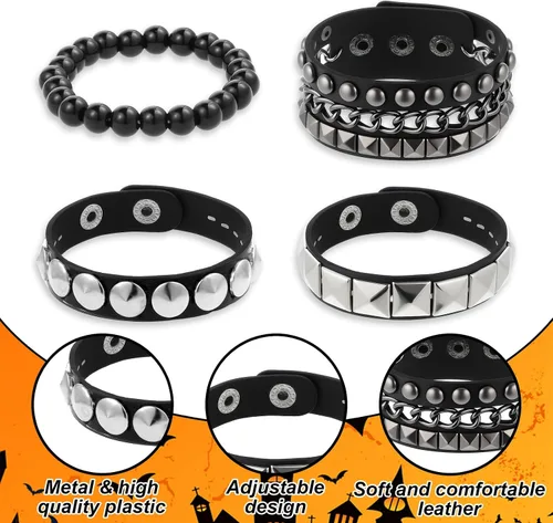 Vista 4 de Vin Beauty 4 pulseras de cuero con tachuelas para hombres y mujeres, pulseras de cuero punk, con tachuelas de rock, joyas góticas para trajes vintage