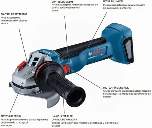Vista 2 de Bosch GWS18V-10N Amoladora angular sin escobillas de 18 V de 4-1/2 - 5 pulgadas con interruptor deslizante (herramienta desnuda)