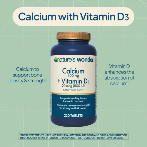 Vista 3 de Nature's Wonder Calcio 600 mg con vitamina D3 20 mcg para la salud ósea, 220 tabletas Daily Mineral Complex for Adults, Helps Maintain Strong