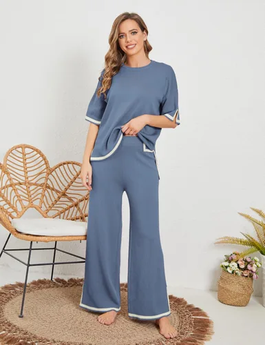 Vista 2 de Tanming - Conjuntos de suéter para mujer, 2 piezas, conjuntos de lounge, tops de punto de manga corta, pantalones de pierna ancha