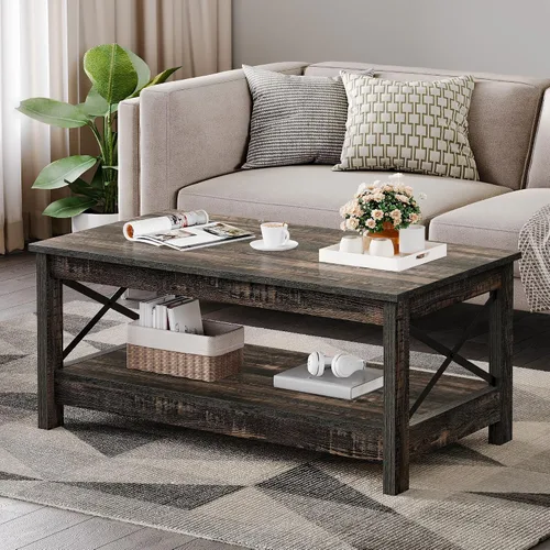 Vista 11 de YITAHOME Mesa de centro para sala de estar, mesa de café moderna de estilo granja con almacenamiento, mesa de centro de 2 niveles, mesa de acento
