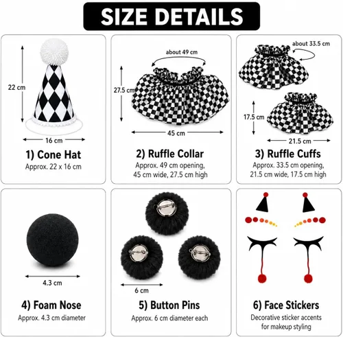 Vista 3 de Accesorios de disfraz de payaso, sombrero de bufón, cuello con volantes Blanco y negro