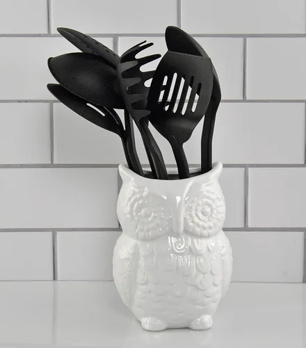 Vista 6 de Home-X Soporte para utensilios de cerámica con diseño de búho, organizador de cocina, organizador grande de utensilios para mostrador