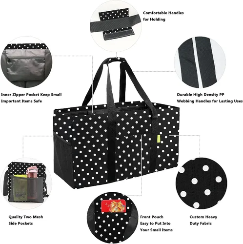 Vista 4 de BeeGreen Black Dots - Bolsa grande para mujer, con asas de transporte, espaciosa bolsa de almacenamiento de comestibles plegable