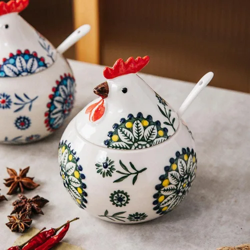 Vista 6 de Olla de condimentos de porcelana con tapa y cuchara, tazón de sal de 11 oz para cocina, forma de pollo