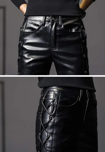 Vista 5 de Idopy Pantalones de piel sintética con cordones para hombre Rock Steampunk