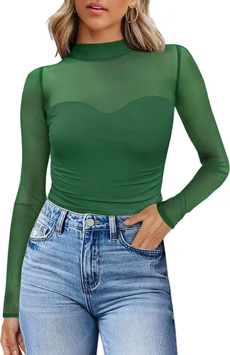 Vista 8 de Camisas de manga larga de malla sexy para mujer, ropa de moda, cuello de tortuga, drapeada, para salir, trajes de otoño, blusas ajustadas Negro