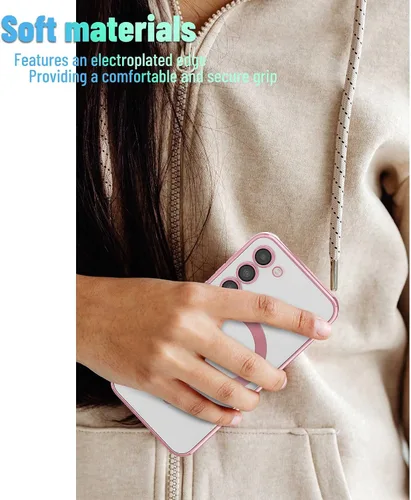 Vista 6 de Funda magnética para Samsung Galaxy S23, borde galvanizado, parte trasera transparente, funda protectora delgada con protección de cámara, Rosa