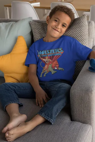Vista 4 de Masters of The Universe TV Series He-Man Rides Into Battle - Camiseta para niños pequeños, Azul Patchwork