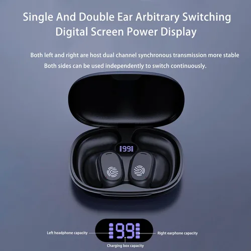 Vista 6 de Auriculares de oreja abierta, auriculares de conducción de aire, auriculares inalámbricos Bluetooth 5.3, pantalla LED, estuche de carga, diseño