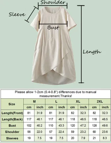 Vista 5 de Tebreux Vestido midi de lino para mujer, de gran tamaño, manga corta, holgado, con bolsillos