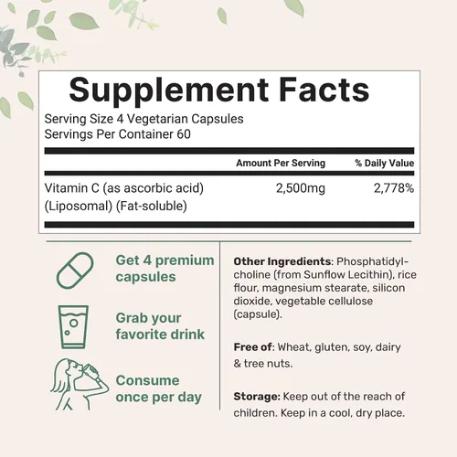 Vista 2 de Vitamina C liposomal 2,500 mg, 240 cápsulas vegetales Forma liposomal altamente biodisponible y soluble en grasa Suplemento de apoyo
