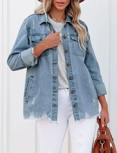 Vista 2 de Angerella Chaqueta de mezclilla para mujer, casual, manga larga, estilo novio, desgastada, con botones