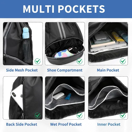 Vista 4 de Mochila de gimnasio con cordón y compartimento para zapatos, para fútbol, baloncesto, natación, resistente al agua, mochila de playa para mujeres
