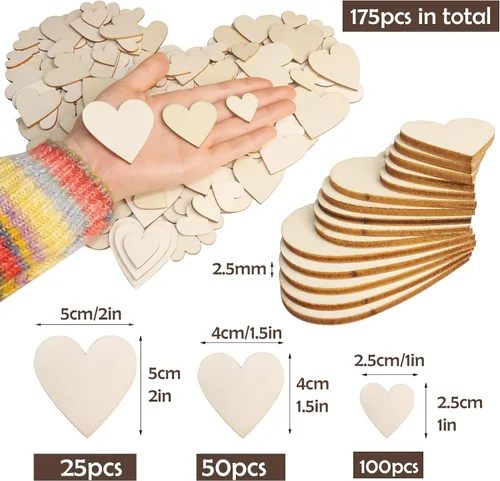 Vista 2 de HADDIY Corazones pequeños de madera para manualidades, 175 piezas de diferentes tamaños surtidos sin terminar piezas de corazón de madera