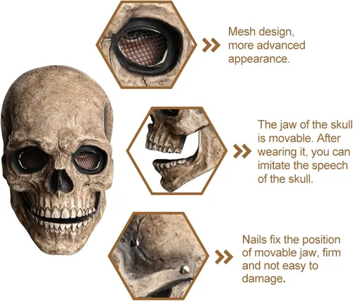 Vista 5 de Máscara de calavera con mandíbula móvil para Halloween, espeluznante esqueleto de látex, máscara de cabeza completa para adultos, disfraces de fiesta