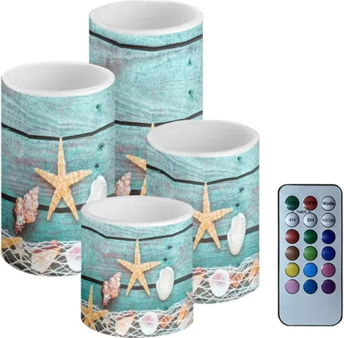 Vista 23 de Velas LED parpadeantes operadas por batería, juego de 4 con control remoto y temporizador, velas de llama danzante, velas de pilar para mesa, Playa