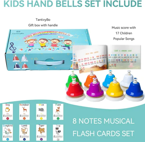 Vista 2 de Campanas de Escritorio, Campanas de Mano Diatónicas Arcoíris para Niños con 17 Libros de Canciones y Tarjetas Musicales Flash, Juguetes