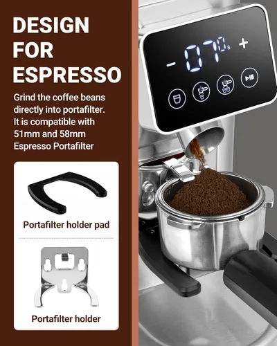 Vista 5 de AMZCHEF Molinillo de café, molinillo de granos de café para uso doméstico con molienda precisa, panel de control LED, soporte de embudo desmontable