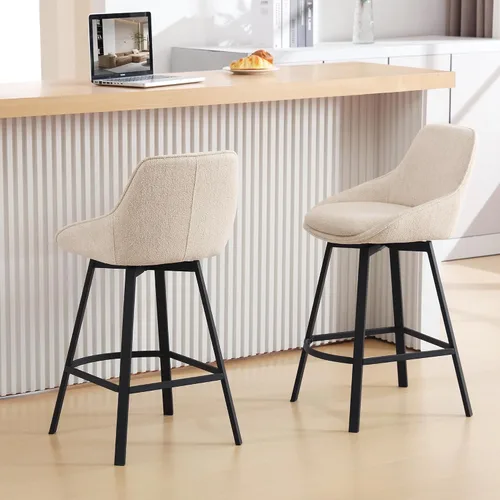 Vista 5 de Flouki Juego de 2 taburetes giratorios para mostrador, taburetes de bar beige para isla de cocina, sillas de barra de tela de lino modernas, base