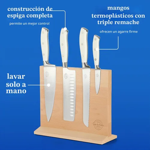 Vista 3 de Sur La Table Kitchen Essentials - Juego de 5 piezas de cuchillos de acero alemán con mango triple remachado en bloque magnético de madera de haya