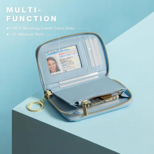 Vista 2 de Vulkitty Billetera para mujer, con cremallera, plegable, pequeña, de piel, con bloqueo RFID, con ventana de identificación y bolsillo para monedas