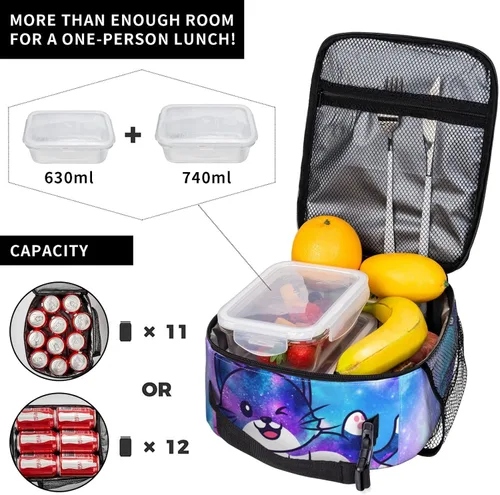 Vista 4 de Lonchera térmica con estampado de gatos Galaxy con asa desmontable, lonchera reutilizable para niñas, niños y adultos
