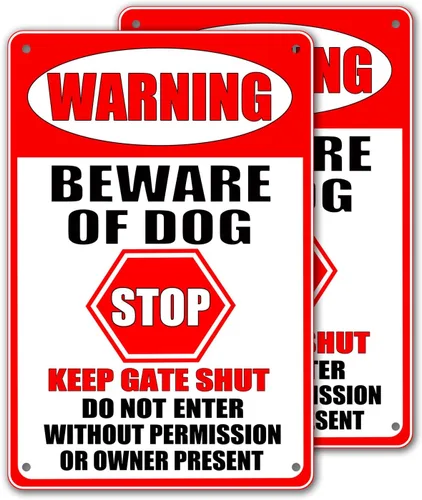 Vista 8 de Letreros de metal con texto en inglés "Beware Of Dog" para valla (paquete de 2) letreros de metal para decoración de perros, advertencia de jardín