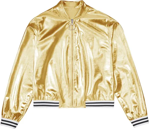 Vista 3 de YiZYiF Conjunto de ropa de baile para niños y niñas, disfraz de hip hop, jazz, chaqueta bomber metálica brillante con pantalones de cintura alta