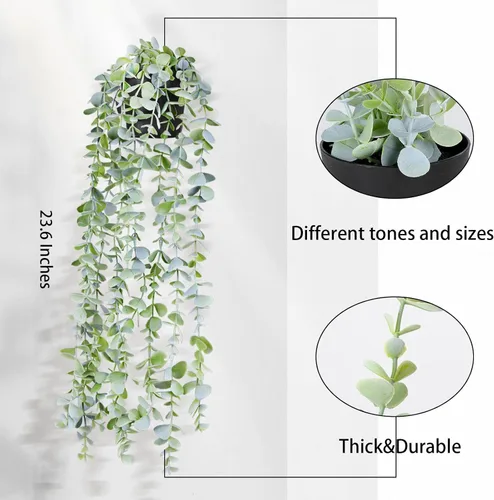 Vista 6 de Plantas colgantes falsas de eucalipto en maceta, pequeñas enredaderas de hiedra sintética, decoración para estante flotante, cocina, baño, armarios