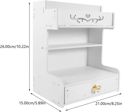 Vista 2 de STOBAZA Organizador de escritorio estacionario Kawaii con cajón, compartimento de mesa de madera, almacenamiento de maquillaje, organizador
