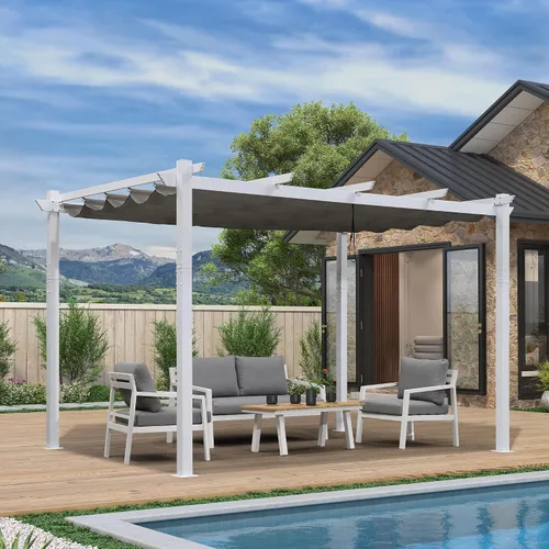 Vista 31 de PURPLE LEAF Pérgola de 10 x 12 pies con toldo retráctil, pérgola cuadrada de bronce de aluminio para patio al aire libre, junto a la piscina, beige