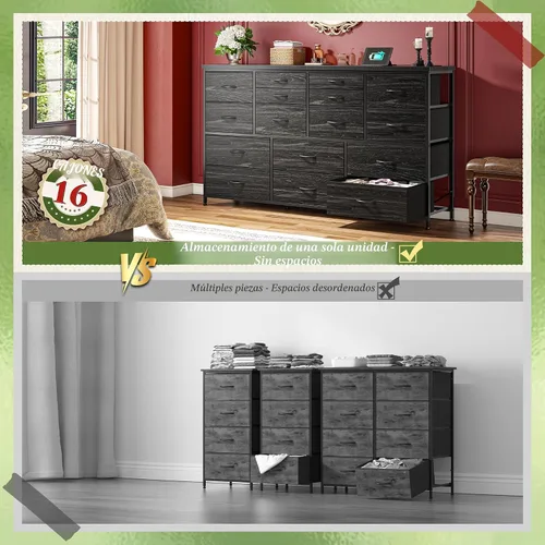 Vista 7 de Romorgniz Cómoda para dormitorio con 16 cajones de tela, cómoda larga con estación de carga, soporte de TV para televisor de 60" cómodas y cajoneras