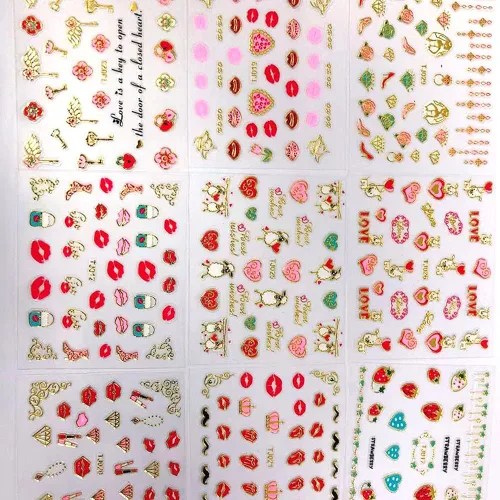 Vista 5 de 30 hojas de calcomanías de uñas para el día de San Valentín, diseño de flores, corazón, pastel de frutas, serie de labios rojos, suministros de arte