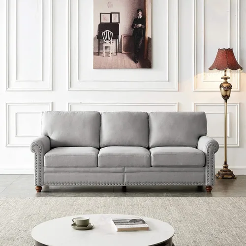 Vista 8 de Lestar Sofá de tela de 3 plazas, sofás tapizados modernos de 3 plazas con clavos y reposabrazos (beige)