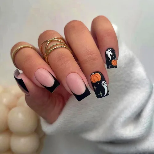 Vista 23 de Uñas postizas de Halloween a presión medianas con diseño de ataúd oscuro gótico embrujado, castillo muerto, diseño de árbol muerto, uñas postizas