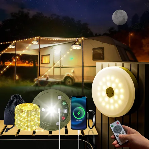 Vista 6 de Cadena de luces retráctiles mejoradas para acampar al aire libre, cadena de luces de campamento de 33 pies con broche, cadena de luz recargable, 9