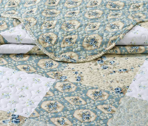 Vista 5 de All American Collection Nuevo Juego Reversible de 2 Piezas de Colcha/Edredón con Estampado Floral de Patchwork Azul/Verde, Cortinas a Juego