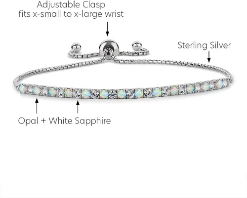 Vista 4 de Pulsera Bolo ajustable de zafiro blanco creado en laboratorio, plata de ley, fácil de poner y quitar (tamaño de muñeca de 6, 7 y 8 pulgadas)