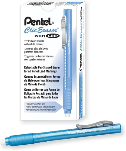 Vista 9 de Pentel Clic - Empuñadura de borrador, borrador retráctil, barril negro, caja de 12 unidades (ZE22A)