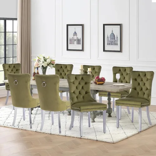 Vista 137 de Juego de 2 sillas de comedor de terciopelo con patas de madera, color beige Mid Century Modern Dining Chairs,Upholstered Chairs with Nailhead